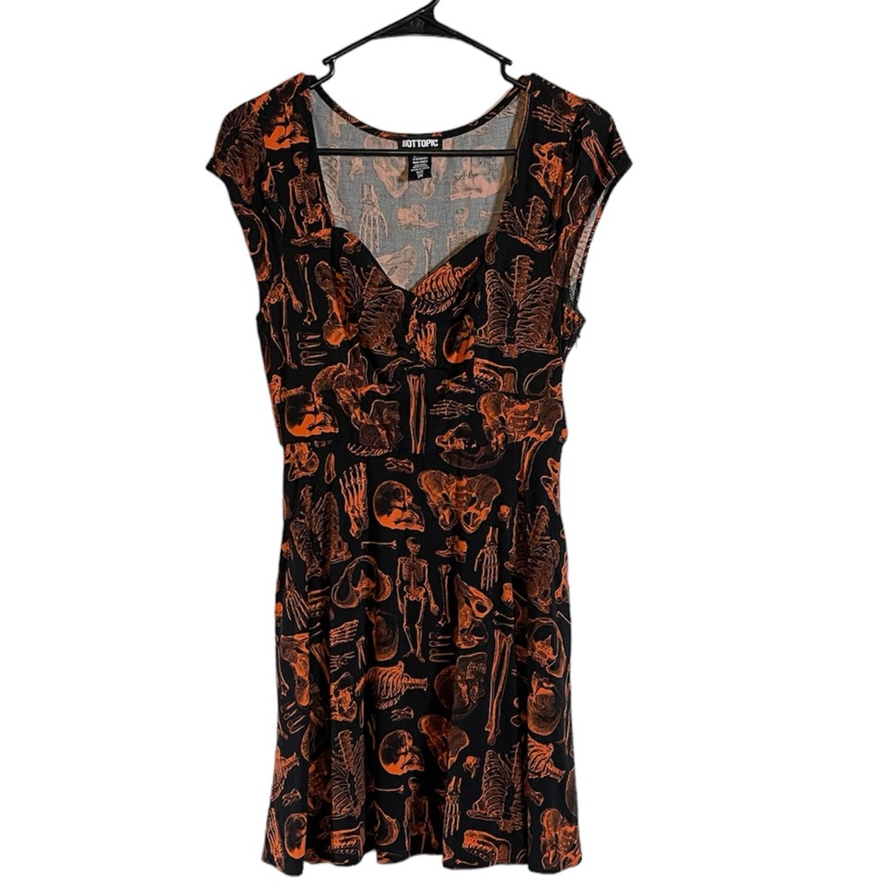 Hot Topic Black & Orange Anatomy Skulls & Bones Short Retro Flare Dress Small